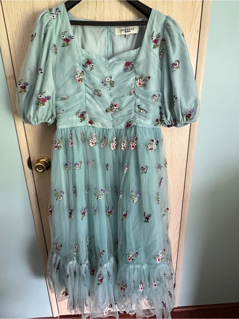 JESSAKAE Garden Fairy MIDI Dress in Mint / Blue Embroidered Floral Sz XL - Picture 2 of 14
